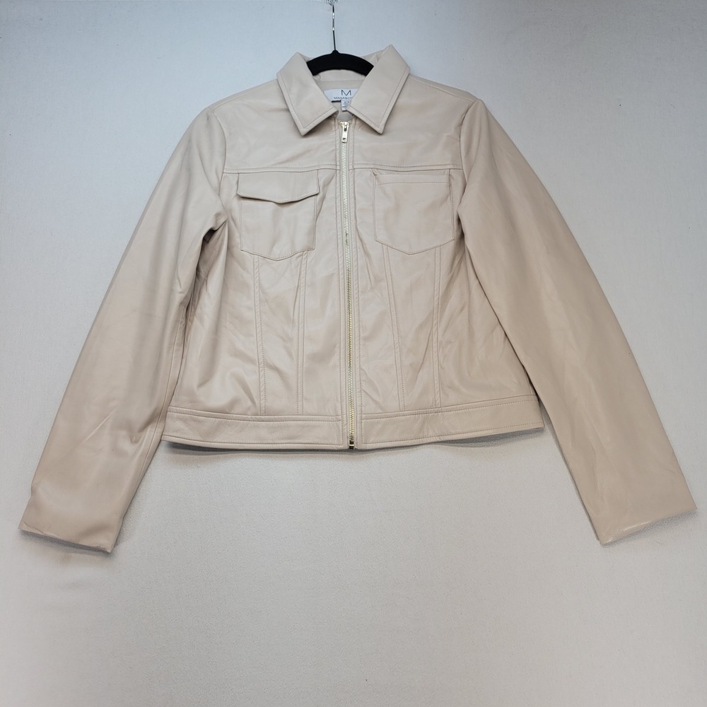 Magaschoni Faux Leather Jacket Womens Medium Beige Zip Front Chest Pockets Cream